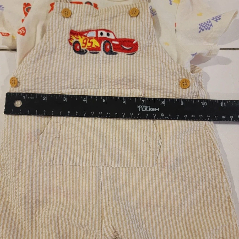 Disney Baby Overalls Boys 6/9 Months Lightning McQueen Pixar‎ Cars Seersucker